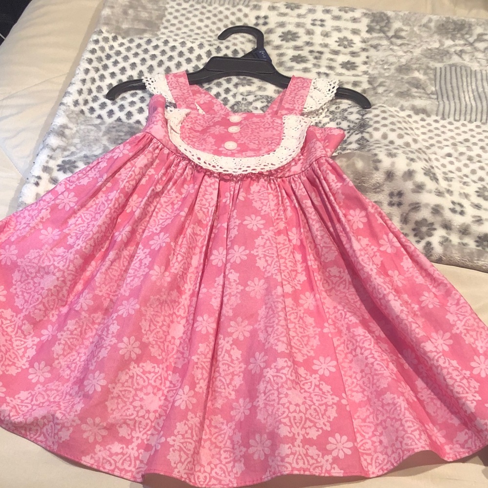 Girls' Pink Floral Lace-Trim Casual Dress